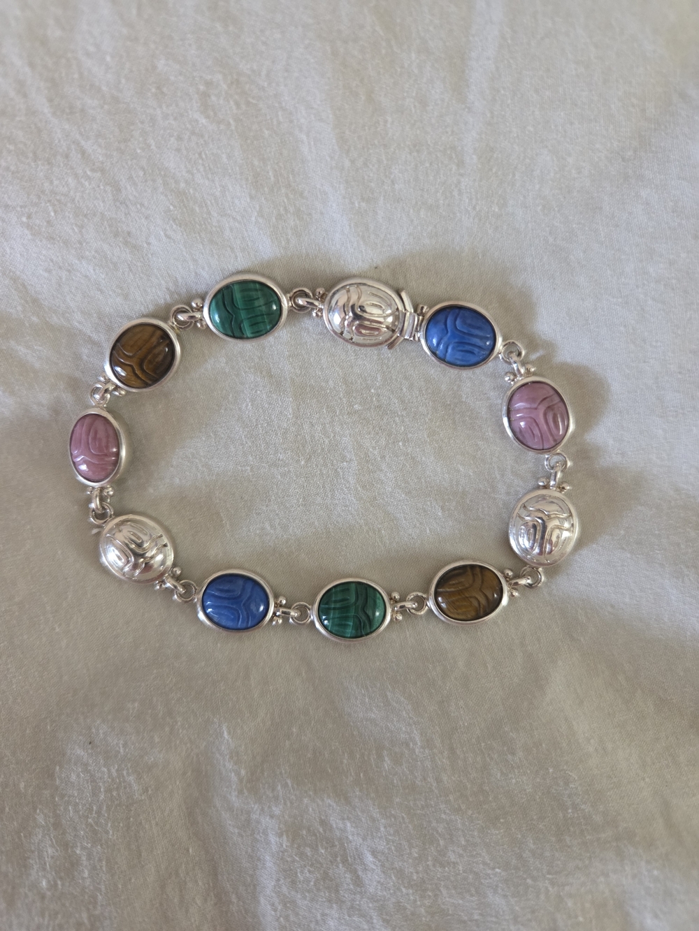 Multicolor Gem Stone  Scarab Link Bracelet - Sterling Silver